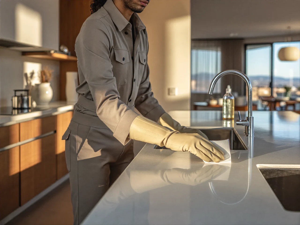 Küchenarbeitsplatte wird in einer modernen Wohnung abgewischt